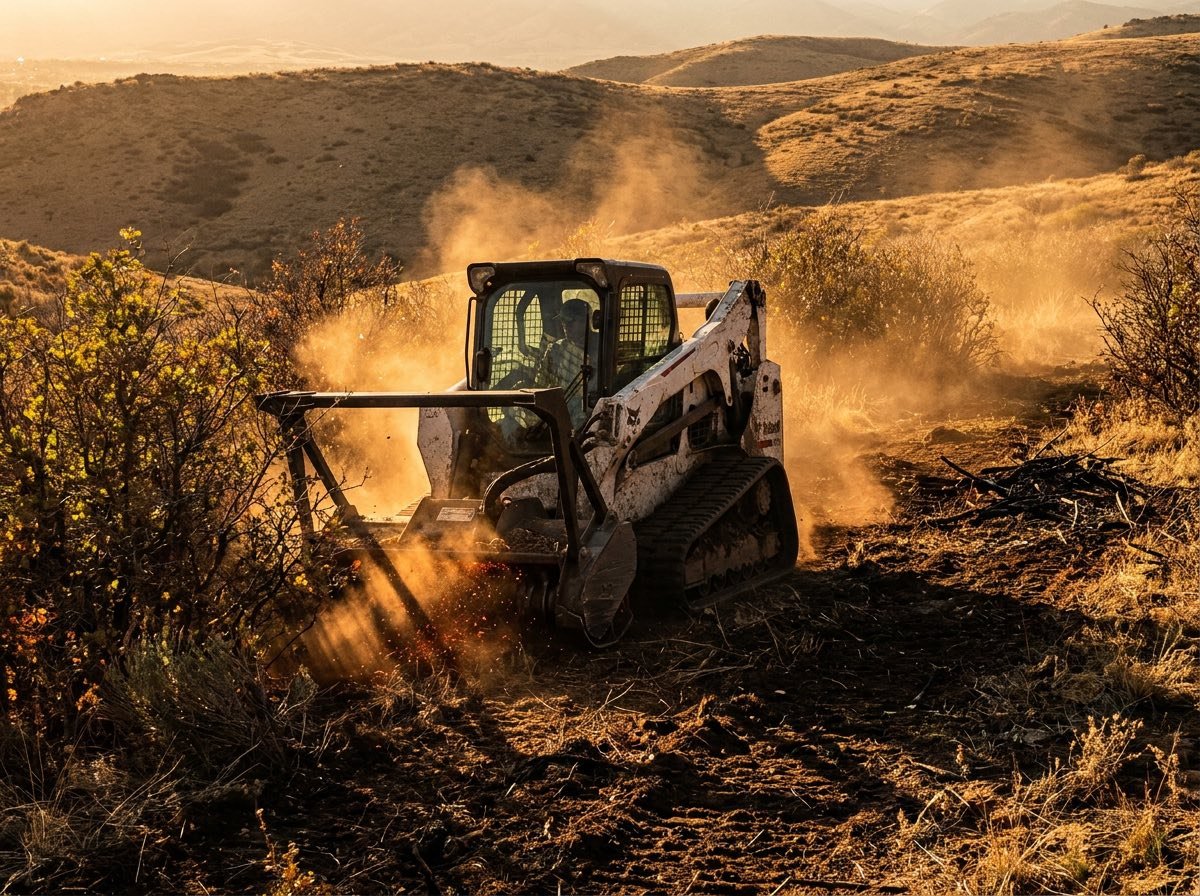 Blazeguard equipment clearing dense Gambel oak and overgrown scrub on a steep Jefferson County slope