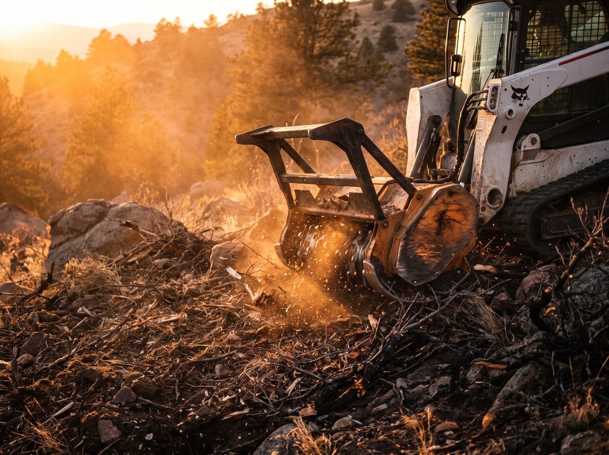 Bobcat T86 compact track loader with a forestry mulching head clearing dense brush on a Jefferson County WUI Overlay property